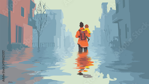 Rescuer in orange jacket carries child through flooded street with buildings and reflections