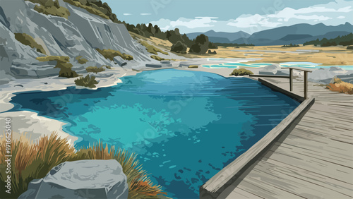 Turqouise water in a natural pool beside a rocky slope and wooden boardwalk