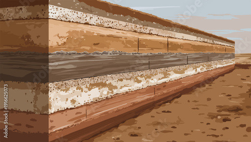 Cross-section of soil layers, showing varied textures and earth tones under a pale sky