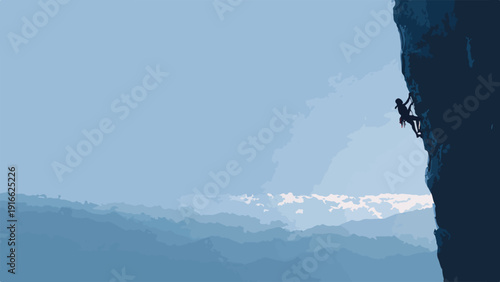 Climber silhouetted against a vast blue sky and rocky cliff face, ascending upwards