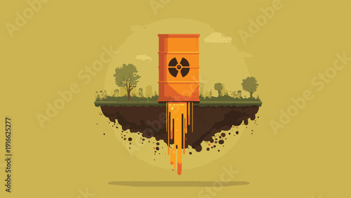 Orange barrel with radiation symbol spews toxic waste from a floating island