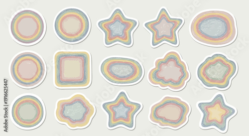 Rainbow sticker icons set, 16 elements, shapes and stars. Created in colorful style with pastel colors.