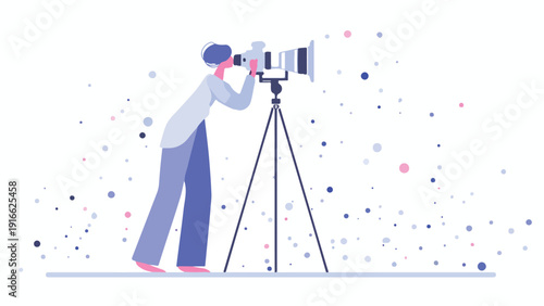 A person uses a camera on a tripod to capture distant elements amidst scattered colorful dots