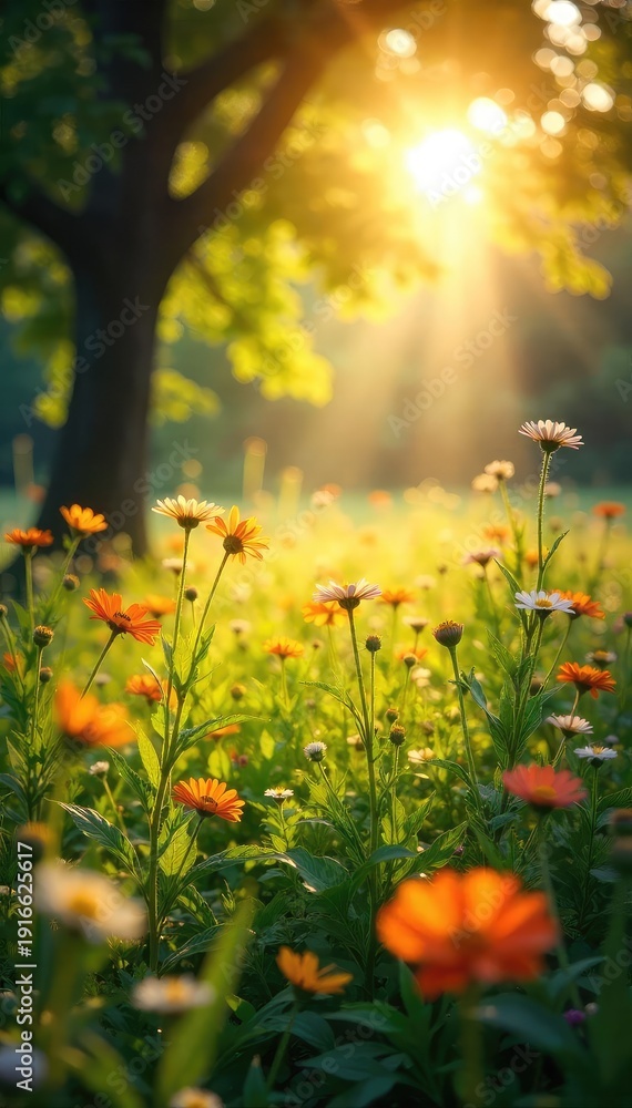 Fototapeta premium Golden sunlight streams through leaves onto a sun-drenched summer meadow, wildflowers blooming vibrantly A feeling of sacred peace and summer's warmth pervades the scene , wildflowers, light