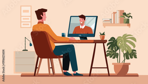 Two men engage in a video call, working from home in a cozy, plant-filled office