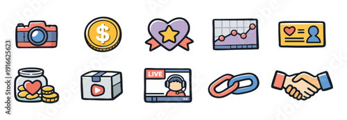 Set of hand-drawn icons for content creation and social media, featuring monetization, live streaming, analytics, and collaboration themes.