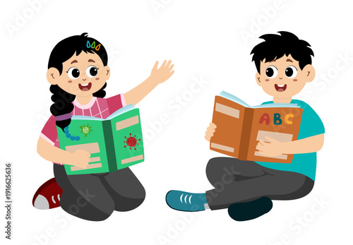 Cute little kid reading a story on World Book Day, story time for kids