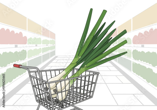 Fresh Green Onions in a Shopping Cart.
