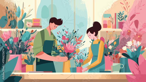 A man and woman arrange vibrant floral bouquets in a bright, plant-filled shop