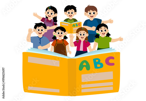 Cute little kid reading a story on World Book Day, story time for kids