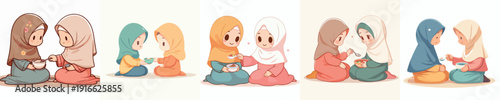 vector of a Muslim girl sharing food with a Muslim friend