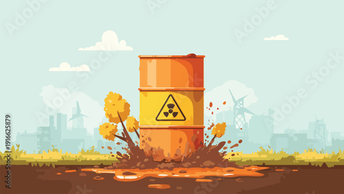 Orange radioactive barrel explodes in brown sludge, with autumn trees, industrial city, and clouds