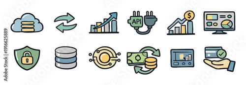 Set of hand-drawn business and fintech icons featuring data cloud, security, growth charts, API integration, and online payment in doodle style.
