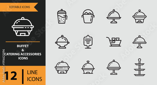 Buffet And Catering Accessories Outline Icon Set For Event And Banquet Service