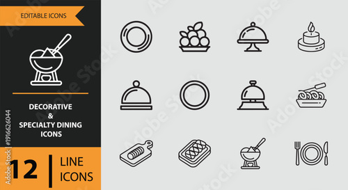 Decorative And Specialty Dining Outline Icon Collection For Elegant Table Settings