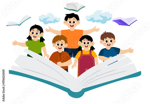 Cute little kid reading a story on World Book Day, story time for kids