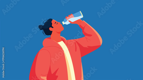 A person in a red hoodie drinks from a clear bottle against a blue background