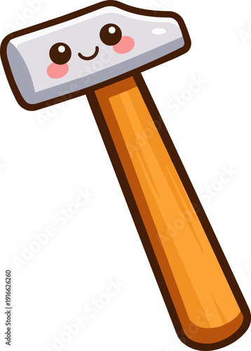 A kawaii-style cartoon illustration of a cute hammer with a smiling face, isolated on a white background. The hammer has a wooden handle and a silver head, with a simple, playful design.