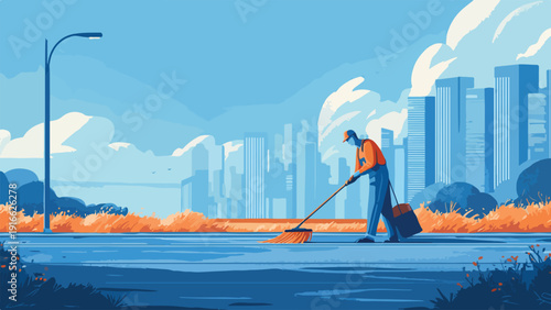A city worker sweeps the street next to autumnal bushes with skyscrapers in background