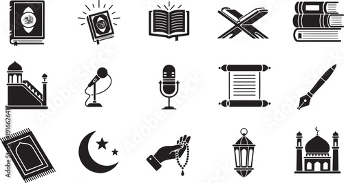 Islamic culture and ramadan religion icon collection including quran prayer mat mosque microphone and crescent moon sign