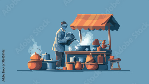 Vendor prepares hot beverage at outdoor stall with steaming pots and traditional attire