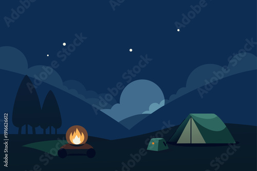 Camping under the stars at night in a serene mountain landscape