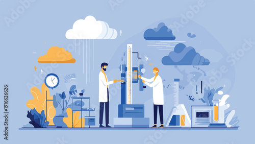 Scientists in lab coats working with equipment and test tubes under cloudy skies