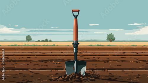 A shovel is planted in tilled earth, with rolling fields and a distant tree under a cloudy sky