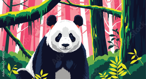 Giant panda sitting in colorful forest with pink and green trees