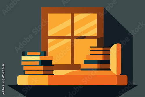 Cozy reading nook with books by the window