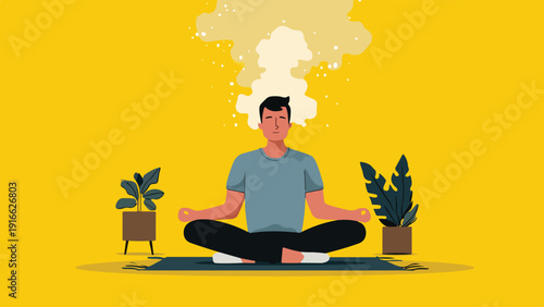 A person meditates peacefully with plants on a yellow background, surrounded by thoughts