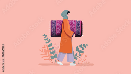 Person in orange coat and hijab carries a patterned rug amidst stylized foliage