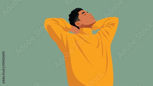 A person relaxes with their head tilted back and hands behind their neck