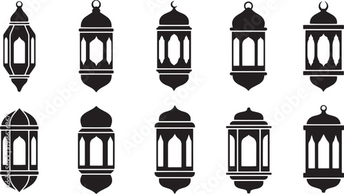 Collection of diverse Islamic lanterns in silhouette style, perfect for Ramadan and Eid decorations
