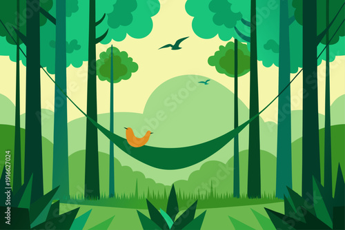 Serene forest scene with hammock and bird