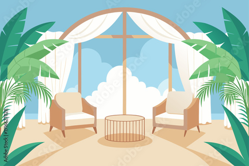Beachside seating area with palm trees and canopy
