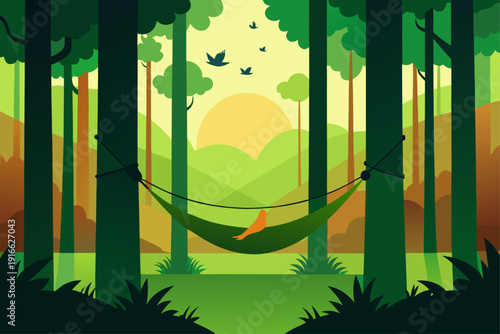 Relaxing in a forest hammock at sunset