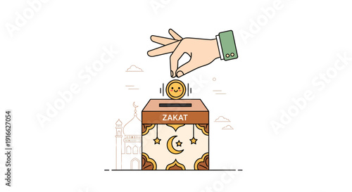 Depicting Zakat Contributions with a Gentle Hand and Smiling Coin in Simple Illustration Style