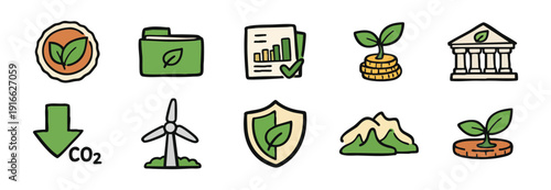 Hand-drawn icon set representing sustainability, green finance, renewable energy, and environmental protection concepts.