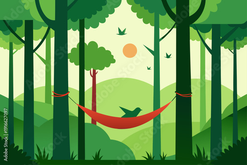 Serene forest scene with a hammock and a bird