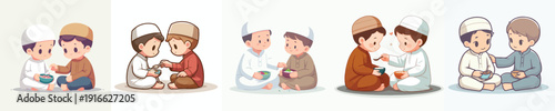 vector of a Muslim boy sharing food with a Muslim friend