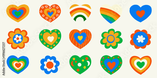 Colorful assortment of hearts flowers and rainbows in a flat illustrative style