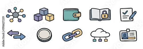 Set of hand-drawn blockchain and cryptocurrency icons including wallet, chain, smart contract, and network symbols in a doodle style.