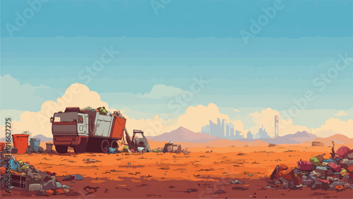 A garbage truck unloads waste in a desolate, orange-toned landscape with a distant city skyline