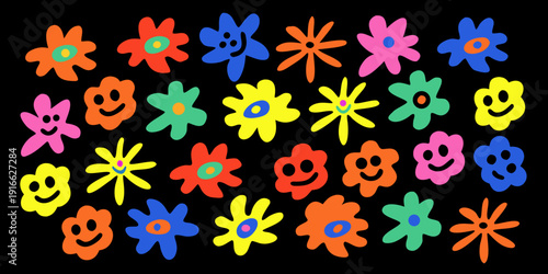 Colorful flower and smiley face pattern against a black background