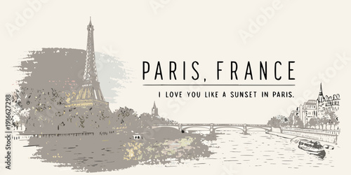 A vintage style illustration of the eiffel tower and paris cityscape