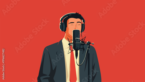 A man in a suit and headphones speaks into a vintage microphone against a red backdrop