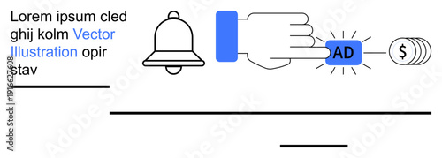 Advertising technology, monetization, user engagement, notification systems, marketing strategies, business finance. A hand clicks an ad button next to a bell and dollar sign. Advertising technology