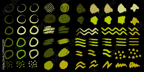 Abstract arrangement of various green brushstroke and shape patterns on black