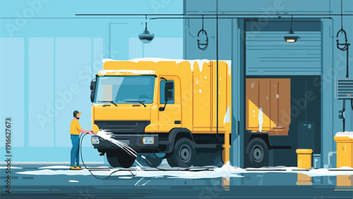 A worker pressure washes a yellow truck in a snowy, industrial setting